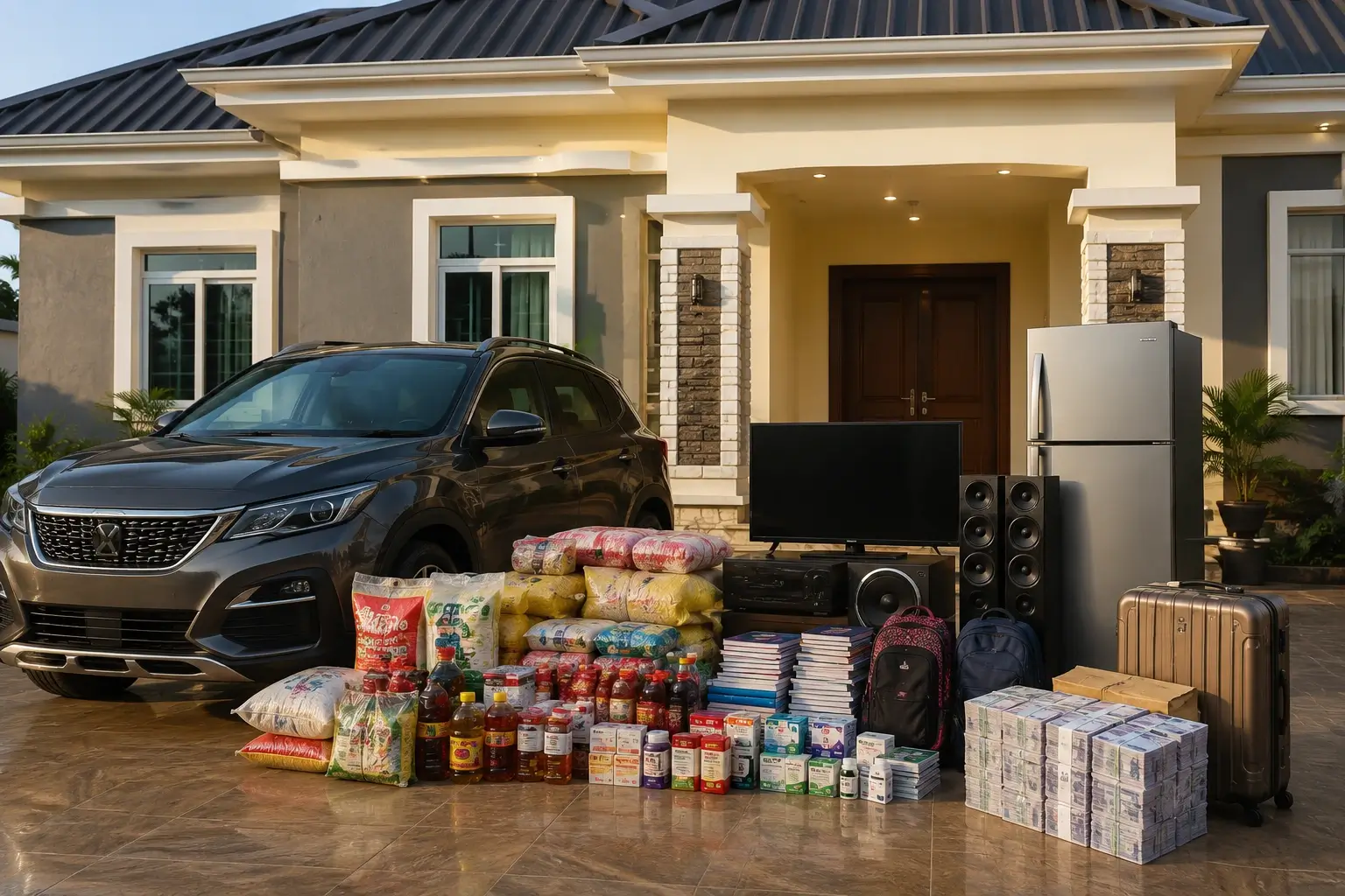 Diamond Stage 6 final compensation plan reward package with house, car, electronics, food items, travel, and cash