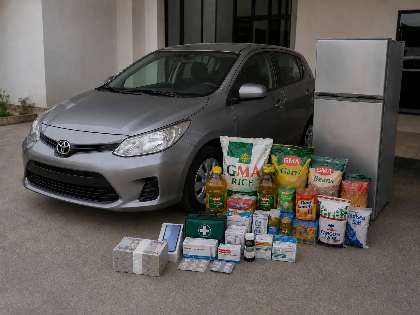 Sapphire Stage 5 compensation plan reward package with car, refrigerator, food items, healthcare products, phone, and cash